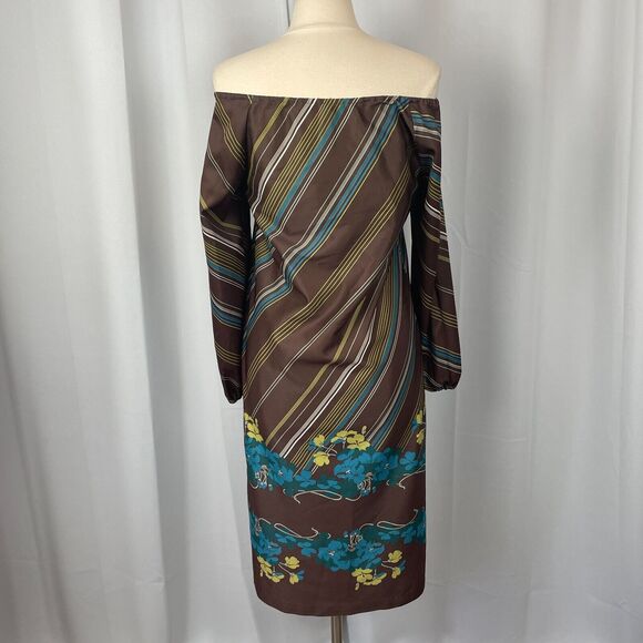 Vintage Boho Dress Size Medium Floral Brown Blue Off Shoulder 70s Retro Hippie - Picture 7 of 16